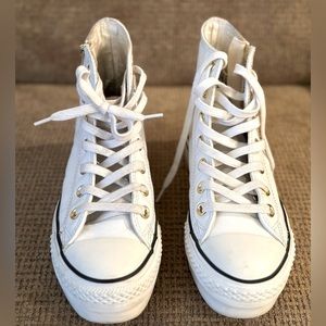 Gold and white leather platform converse